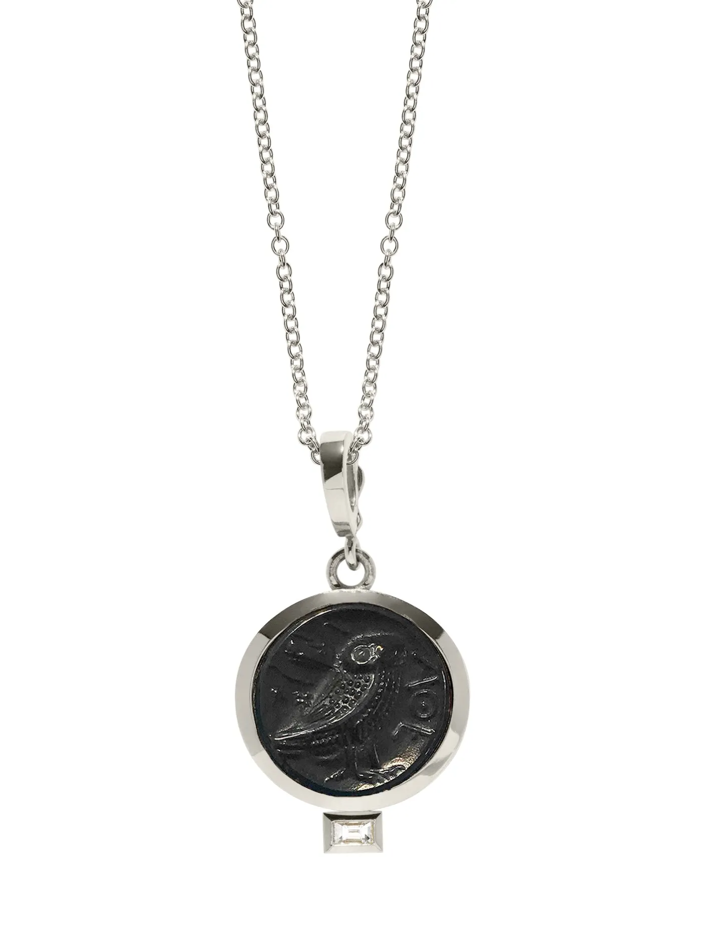 Owl of Athena Venetian Black Glass Coin Charm with Baguette Diamond<AZLEE Jewelry Best